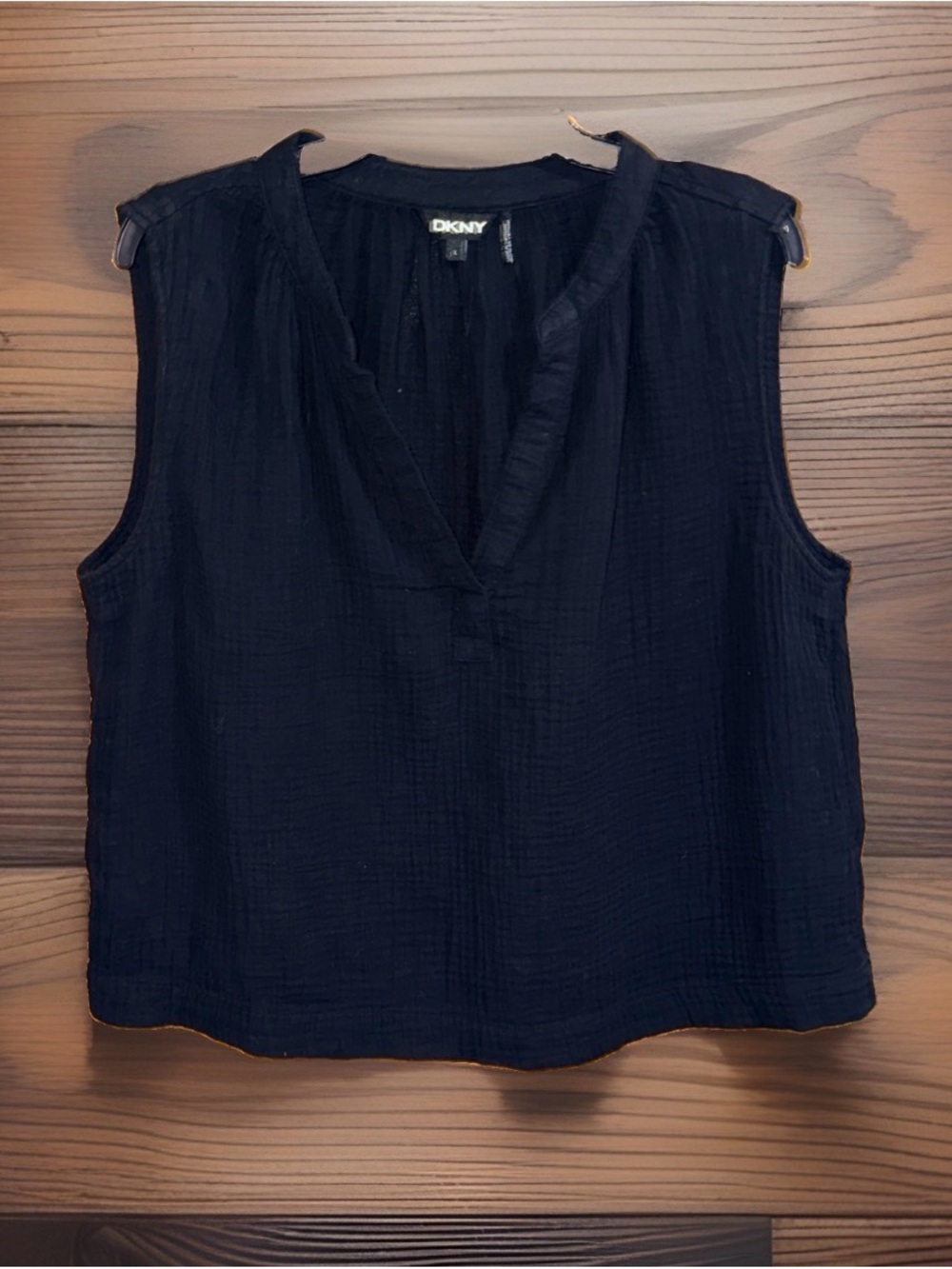DKNY Women’s Black Sleeveless V-Neck Textured Cotton Top-L-EC